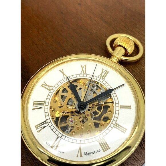 Majestrom Pocket Watch Gold Tone Case Silver Dial Roman Numerals 51mm Op… - Picture 7 of 11